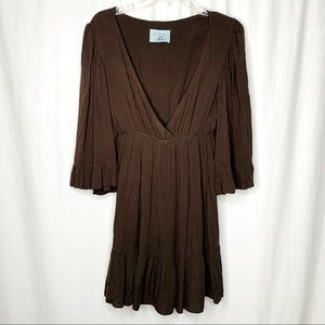 JUDITH MARCH Boho Dress - BROWN BOHO RUFFLE BELL SLEEVE DEEP V NECK DRESS M